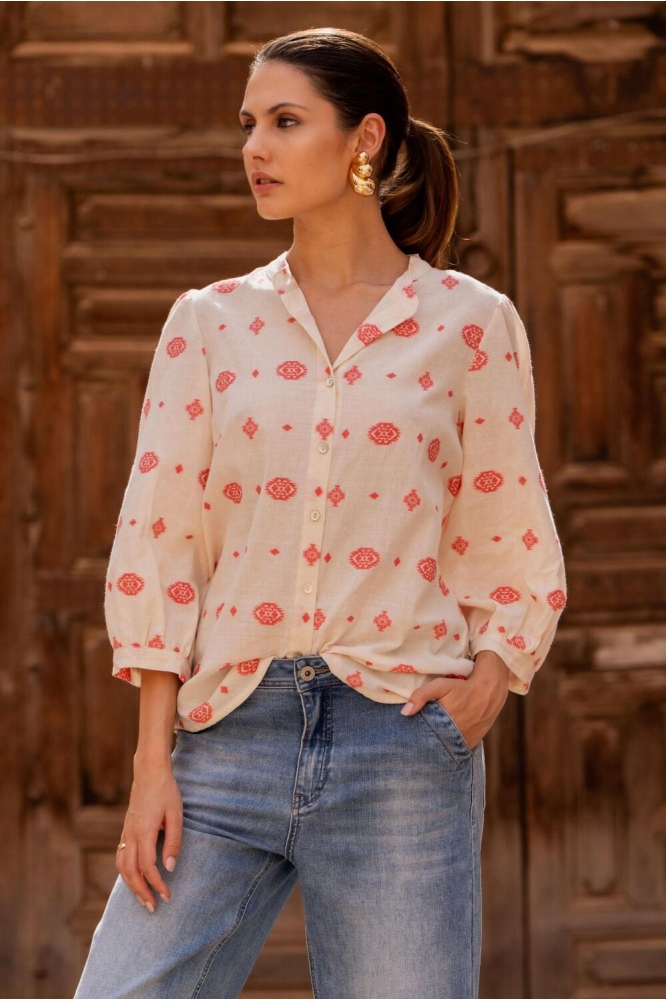 BLOUSE ETNISCHE PRINT 53176 70 Off-White/Coral